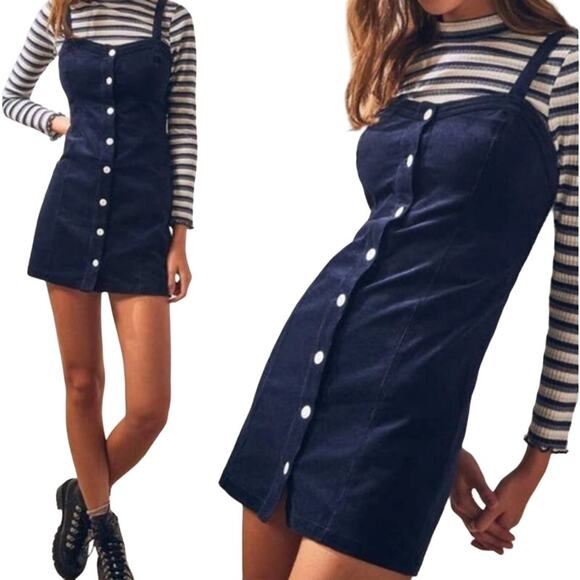 Pacsun Corduroy Dress Size L Blue Sweetheart Neck Sleeveless Smocked Y2K 90s - Picture 2 of 13